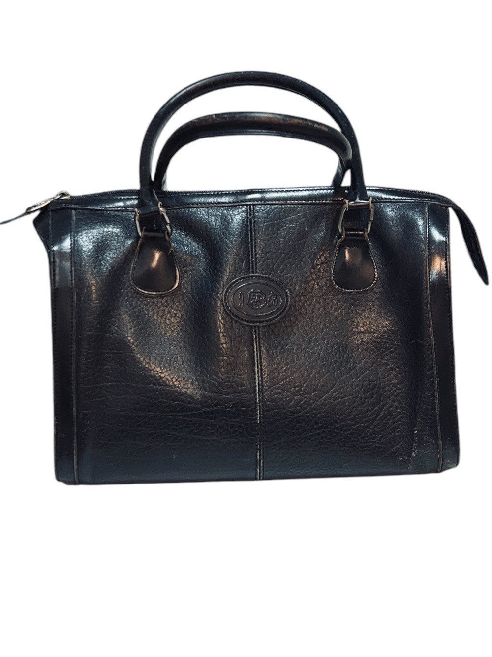 Vintage John Romaine Structured Black Leather Satchel with Top Handles